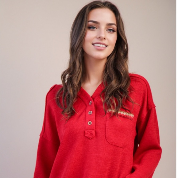 Red Button-Up Sweater with Patterned Collar Hoodie  Plus Size NWT - Picture 3 of 5